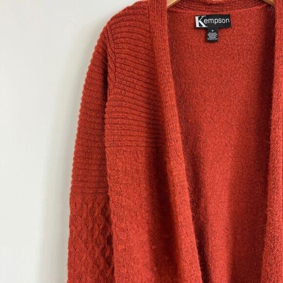 Kempson Womens Medium Burnt Orange Open Front Knit Acrylic Cardigan Sweater Boho - Picture 14 of 15